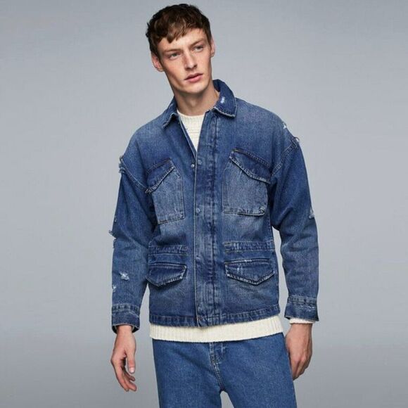 Zara Man 1975 Denim Field Jacket Men L Blue Utility Distress Embellished Grunge - Picture 3 of 14
